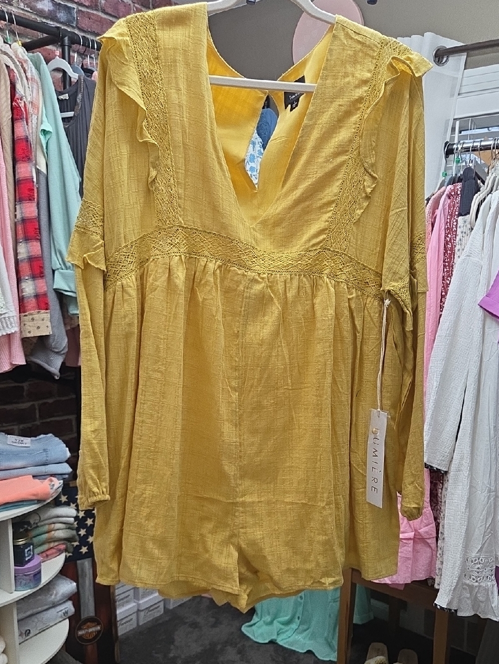 Lumiere Mustard Yellow Ruffle Lace Peasant Tunic